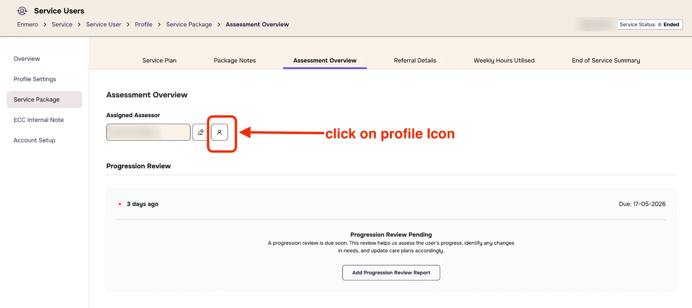 Assessment Overview with an arrow pointing to the profile icon next to the assigned assessor