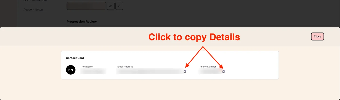 Contact Card with arrows pointing to the copy icons beside email address and phone number