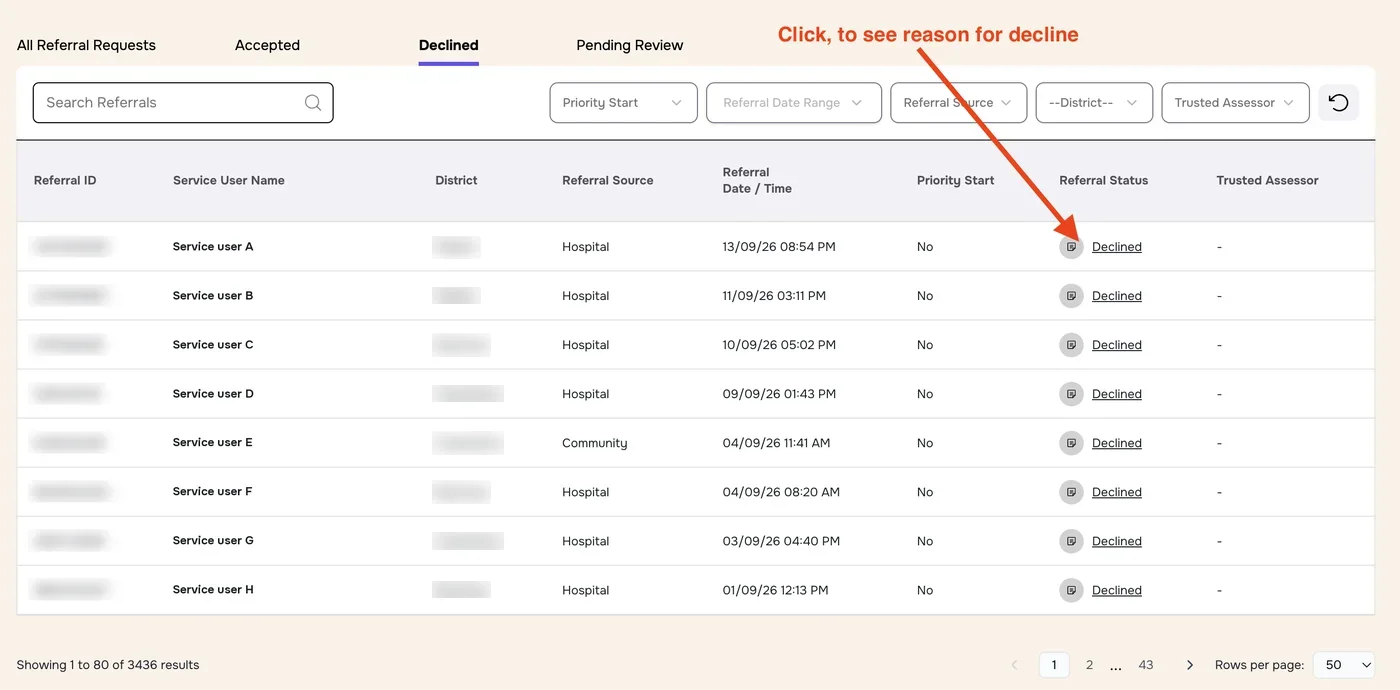 Declined tab with an arrow pointing to the note icon next to Declined in the Referral Status column