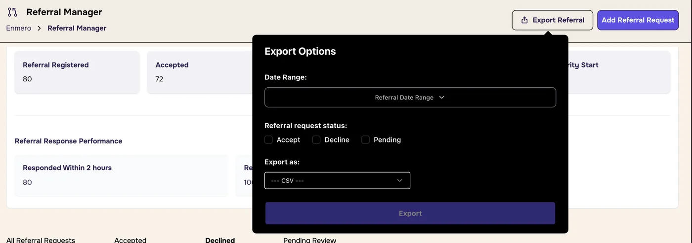 Export Options box with Date Range, Referral request status tick boxes for Accept, Decline and Pending, an Export as CSV menu and an Export button