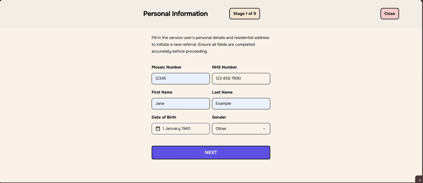 Personal Information, Stage 1 of 5, with Mosaic Number, NHS Number, First Name, Last Name, Date of Birth and Gender fields