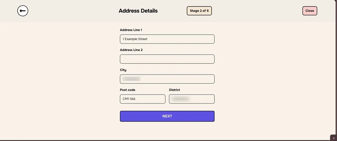 Address Details, Stage 2 of 5, with Address Line 1, Address Line 2, City, Post code and District fields