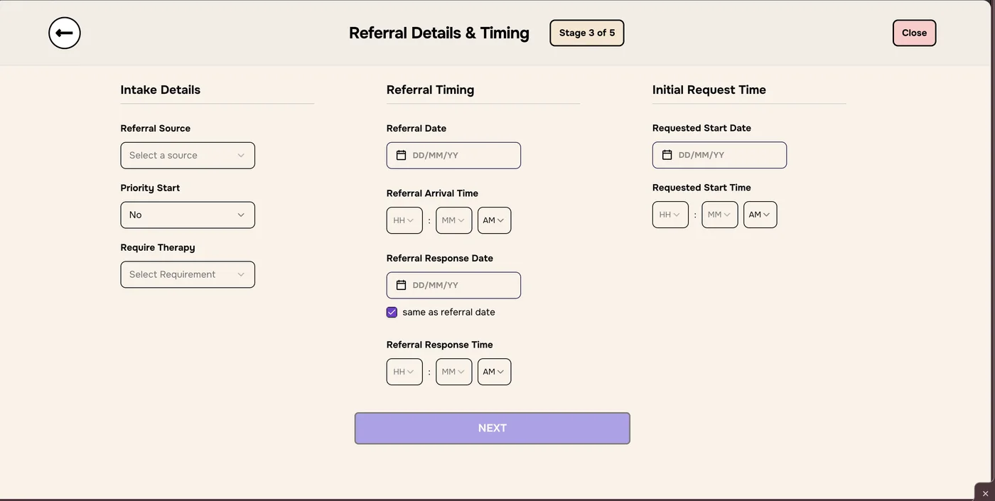 Referral Details and Timing, Stage 3 of 5, with Intake Details, Referral Timing and Initial Request Time columns