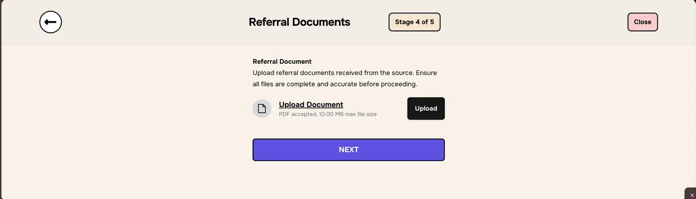 Referral Documents, Stage 4 of 5, with an Upload Document button that accepts PDFs up to 10 MB