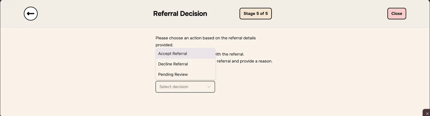 Decision menu open with Accept Referral, Decline Referral and Pending Review options