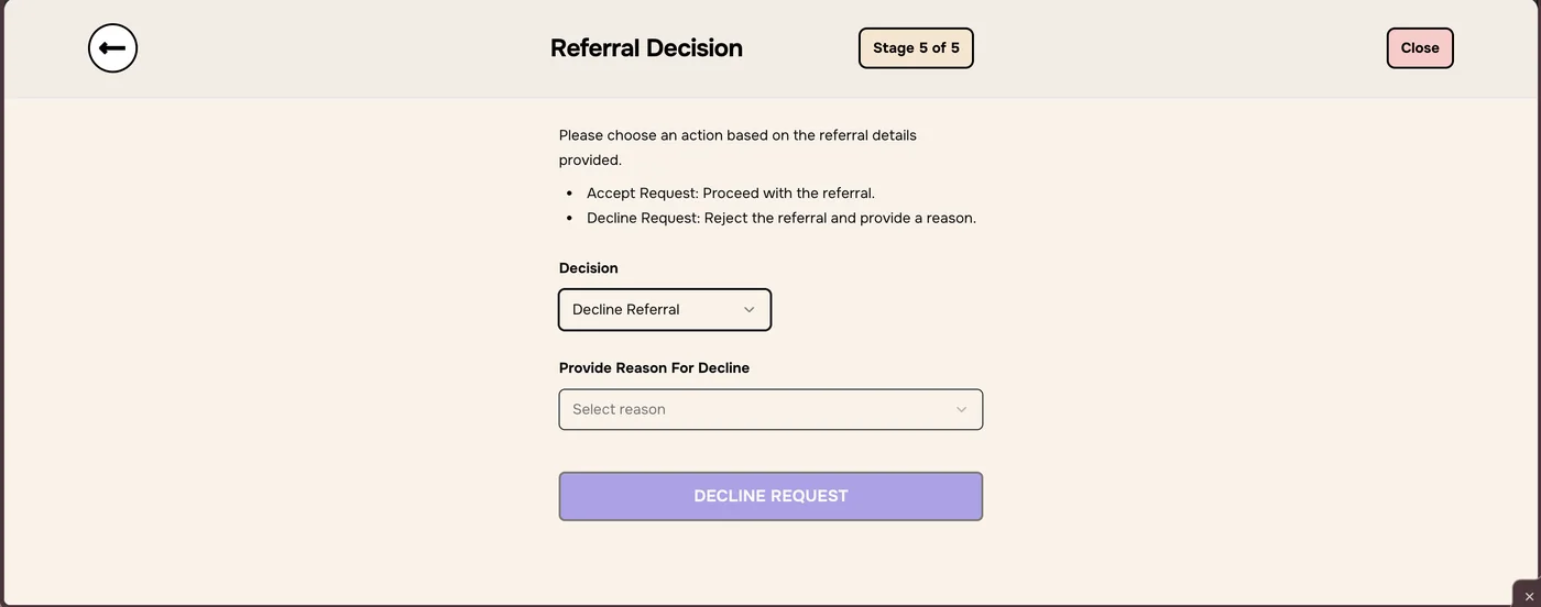 Decline Referral chosen with a Provide Reason For Decline menu and Decline Request button