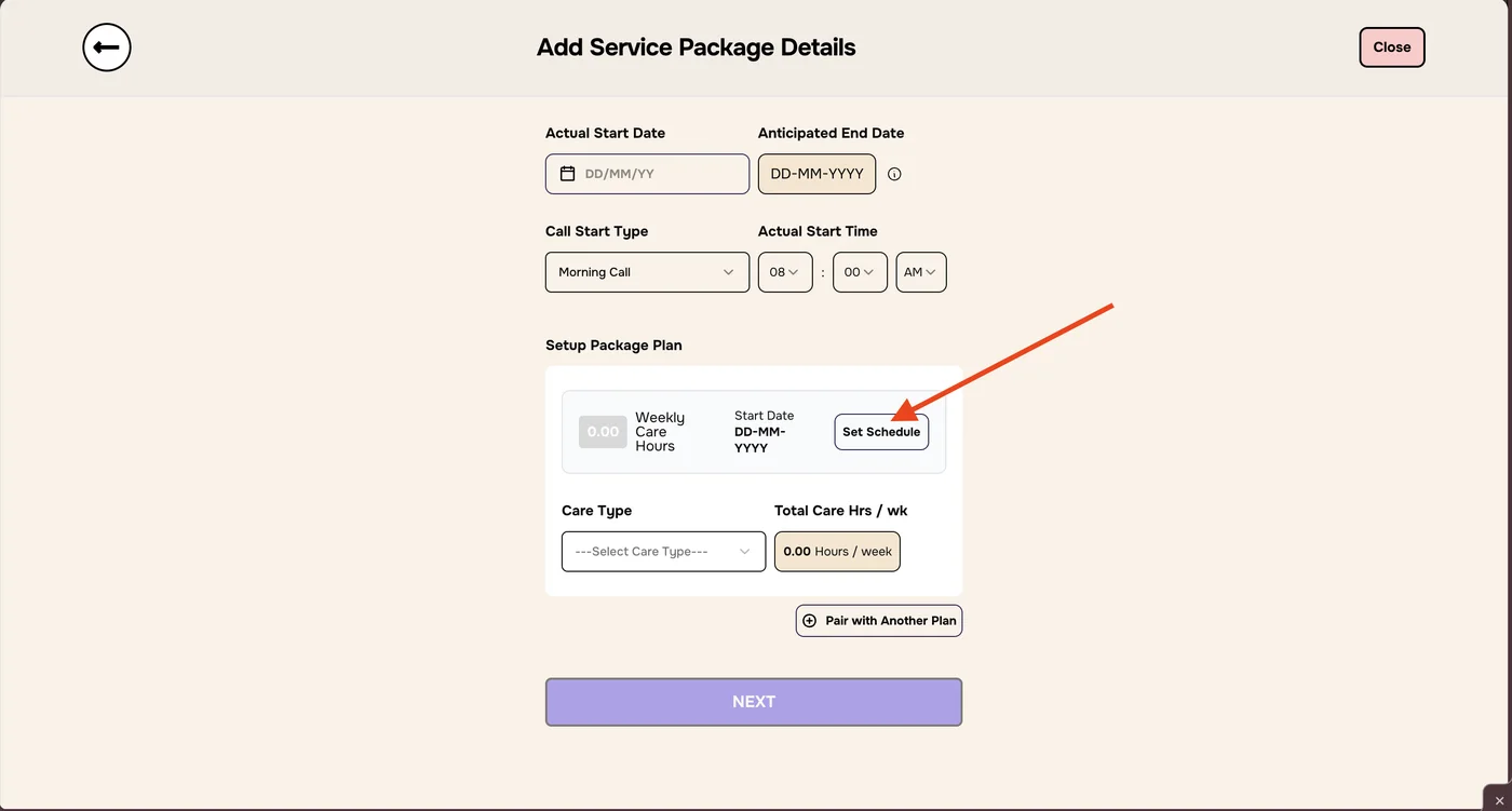 Add Service Package Details with an arrow pointing to the Set Schedule button