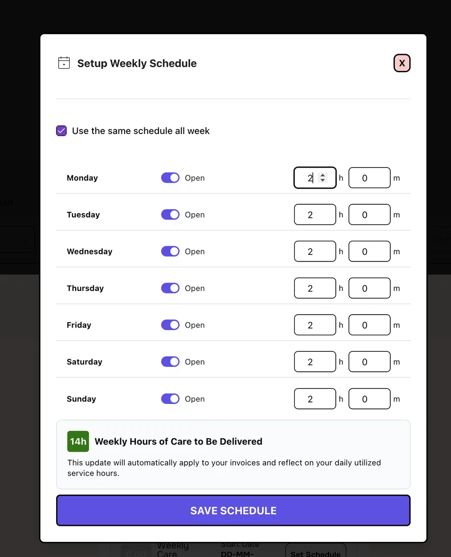 Setup Weekly Schedule with Use the same schedule all week ticked, every day open for 2 hours, totalling 14h