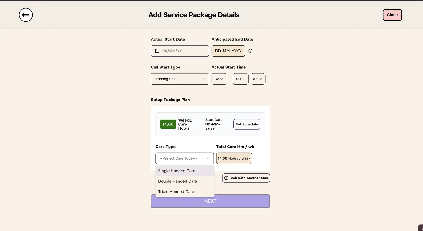 Care Type menu open with Single, Double and Triple Handed Care options
