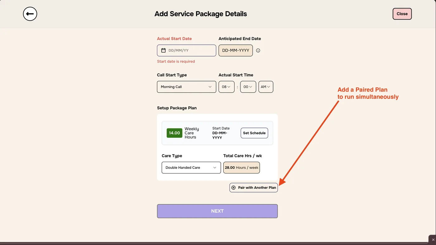Arrow pointing to Pair with Another Plan, labelled Add a paired plan to run simultaneously