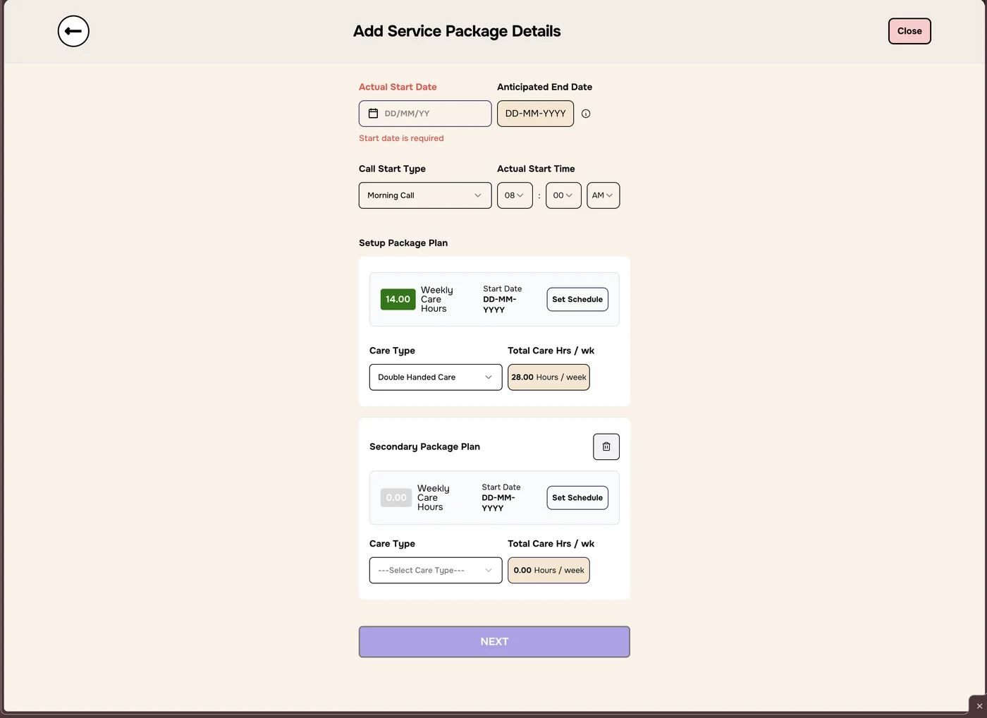 Service package with a Secondary Package Plan section and a bin icon to remove it