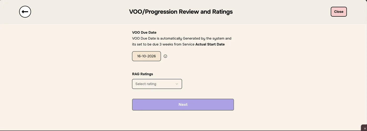 VOO/Progression Review and Ratings with a VOO Due Date of 16-10-2026 and a RAG Ratings menu