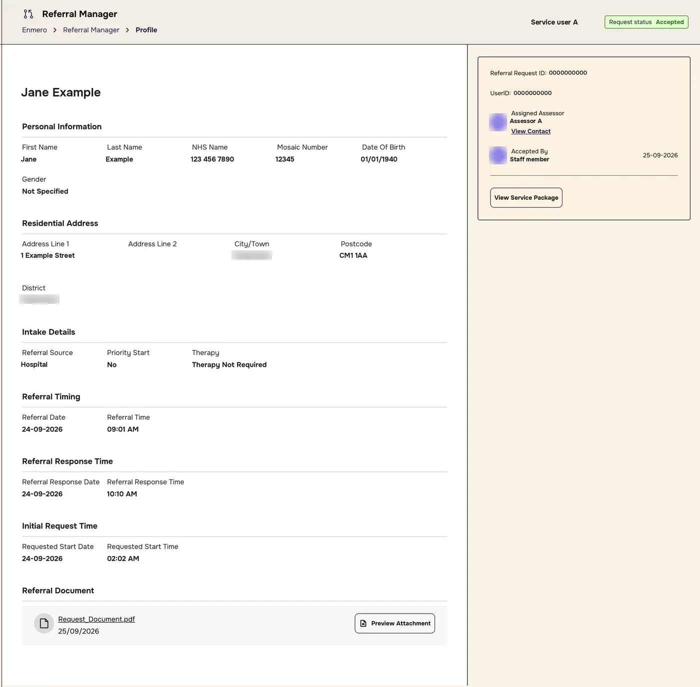 Referral profile page for an accepted referral, with the details on the left and the summary panel on the right