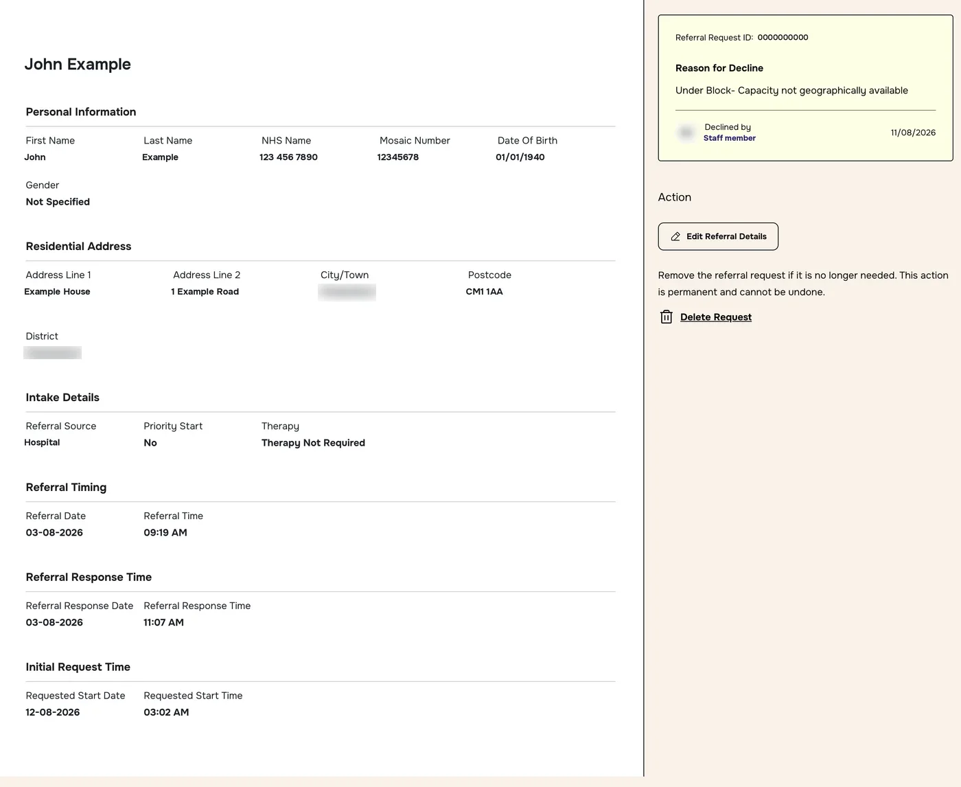 Referral profile page for a declined referral, showing the Reason for Decline panel and the Action section