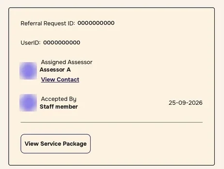 Summary panel showing Referral Request ID, UserID, Assigned Assessor with View Contact, Accepted By with date, and a View Service Package button